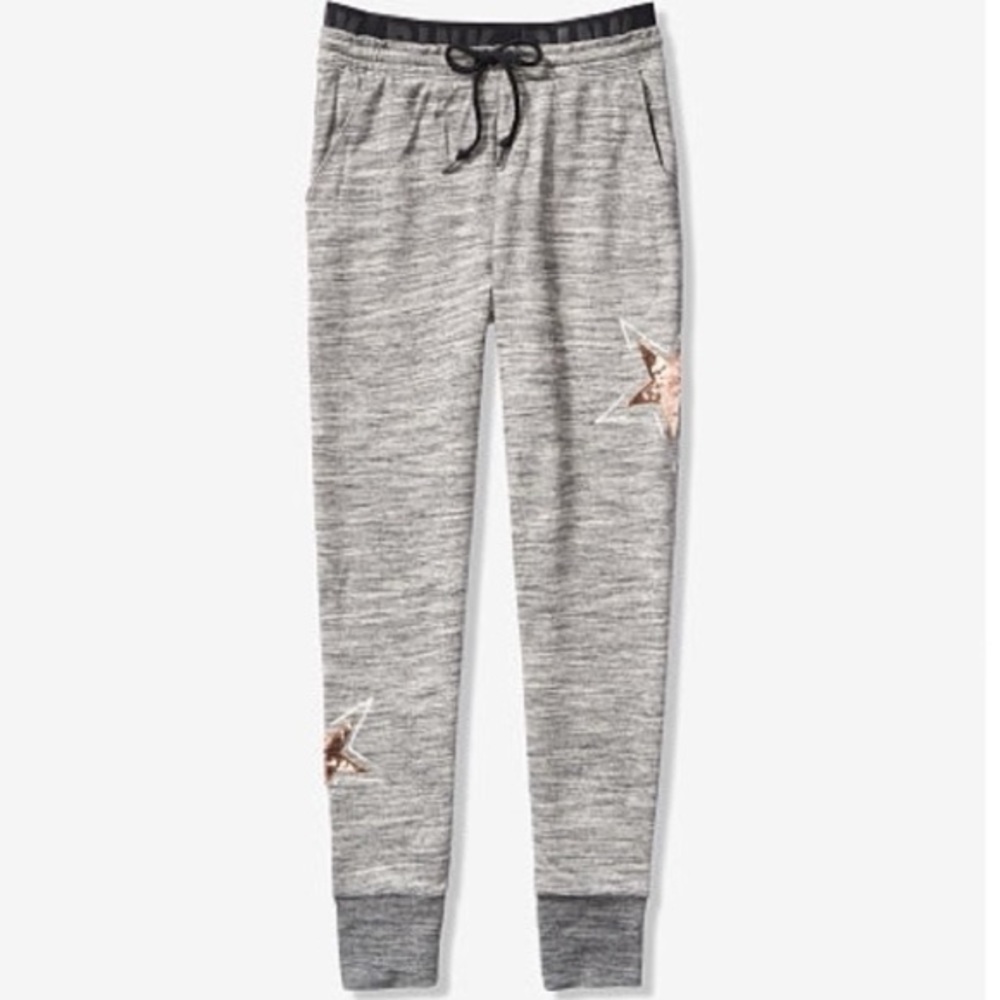 NWT RARE Victoria’s Secret Pink Gray High Waist Sequins Bling Gold Star Jogger